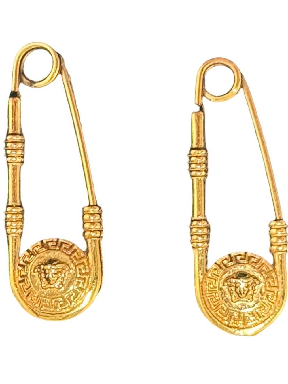 Versace Gold Safety Pin Medallion Earrings - Picture 2 of 5